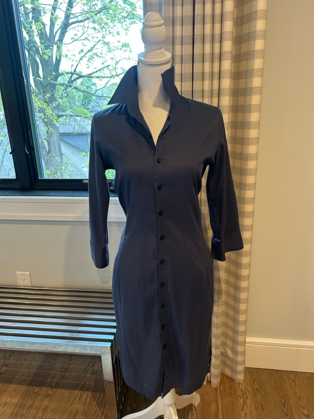 Classic Navy Button-Front Midi Shirt Dress